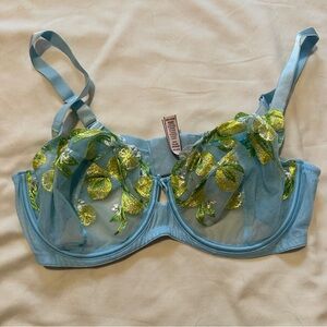 Sheer Blue Underwire Bra with Green & Yellow Floral Embroidery
